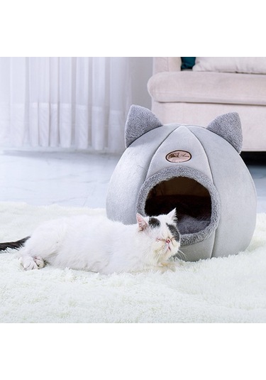 Yarı Kapalı Kışlık Peluş Evcil Hayvan Yuvası Medium Gri