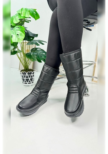 Nstil Alves Unisex Kadın - Erkek - Çocuk Kar Botu İçi Kürklü Cırt Cırtlı Kaymaz Taban Ayakkabı 802 Siyah