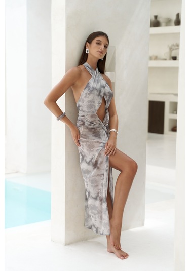 Enonireh Dekolteli Gri Uzun Elbise Gri