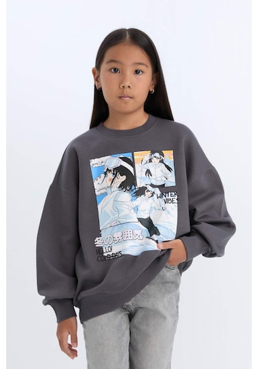 DeFacto Kız Çocuk Oversize Geniş Kalıp Bisiklet Yaka Baskılı Sweatshirt D7054A824WNAR148 Antrasit DeFacto Kız Çocuk Oversize Geniş Kalıp Bisiklet Yaka Baskılı Sweatshirt D7054A824WNAR148 Antrasit