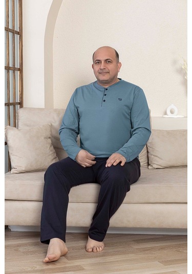 Guava Erkek Büyük Beden 3 Düğmeli %100 Pamuk Mevsimlik Uzun Kol Cepli Pijama Takımı Mavi