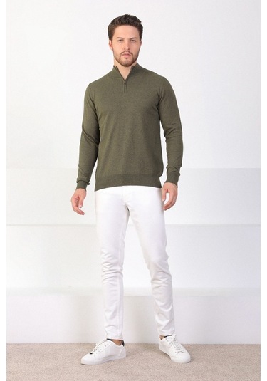 Ferraro Haki Dik Yaka Düz Renk Pamuk Erkek Kazak Haki