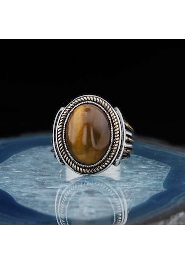 925 Ayar Gümüş Kaplan Gözü Taşlı Erkek Yüzük (547519355)