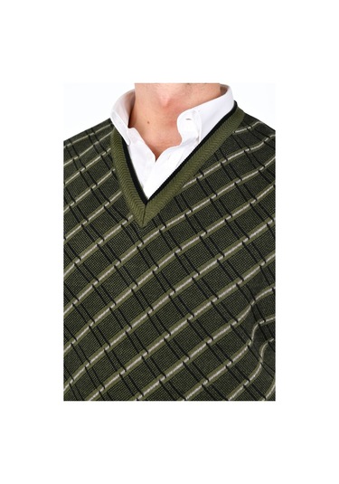 Kamalı Haki Erkek Çelik Örgü Ekose Desenli Kalın Triko V Yaka Triko Örgü Tüylenmez Süveter Regular Haki