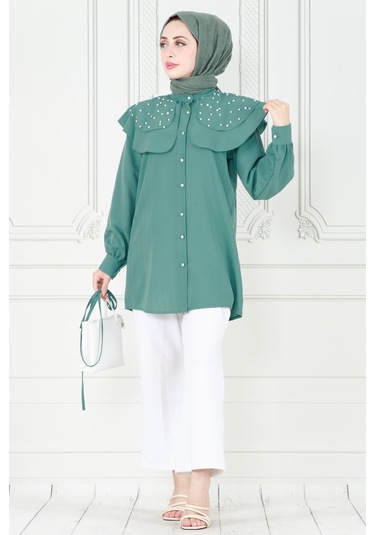 Sevitli Pelerinli İncili Tunik-mint Yeşili-3933-mint Yeşili Mint Yeşili