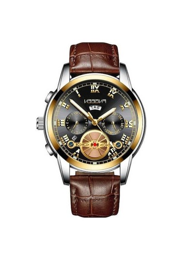 Novahub Fngeen 4001 Erkekler Kuvars Saat, Kahverengi Deri Altın Siyah Yüzey, Çok Renkli Fonksiyonlar Çok Renkli