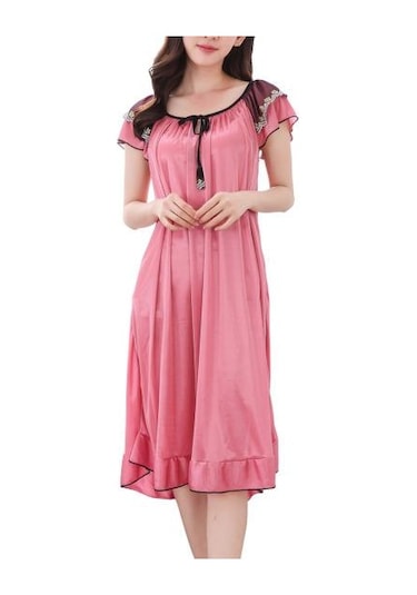 Koyu Pembe Yaz Gecelik Bağcıklı Uyku Rahat Güzel Sahte Saten Yaz Gevşek Gecelik Ev Giyim 2xl Koyu Pembe