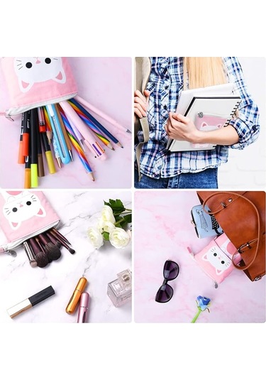 Stand Kalemlik, Teleskopik Kalem Kutusu, Kedi Kalem Çantası, Kanvas Kalemlik, Kırtasiye Makyaj Çantası, Öğrenciler Ve Ofis Malzemeleri İçin Mavi Th