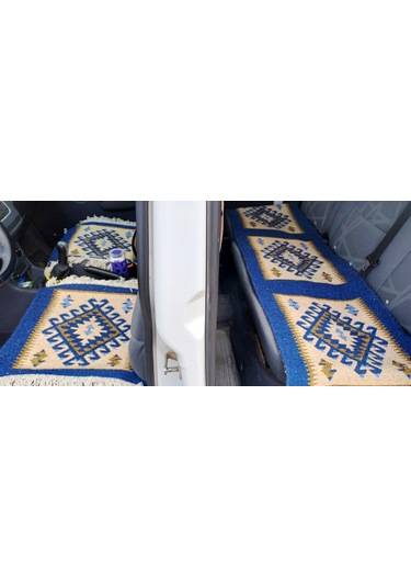 Reversible Oto Koltuk Kilim Seti 3 Parça Makine Dokuma Akrilik & Polyester Saçaklı - Mavi