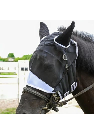 Elmpaly Havalı File Sinek Maskesi, Kulaklıklı, Mavi L, Büyük At İçin Çıkarılabilir Rahip Maskesi.