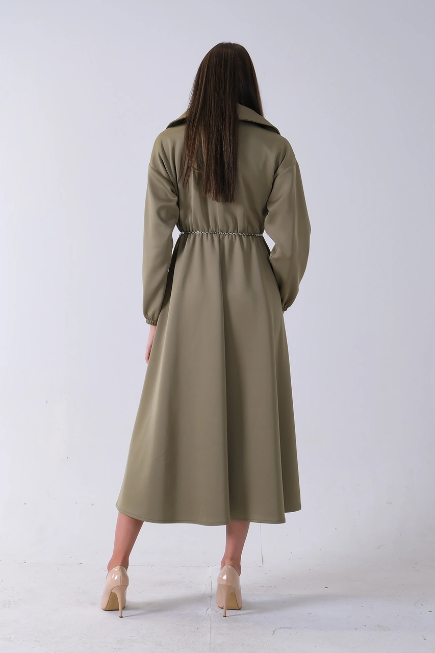 Feminist Haki Yaka Fermuar Detaylı Bel Ve Bileği Lastikli Kemerli Scuba Elbise 4593455.23 Haki