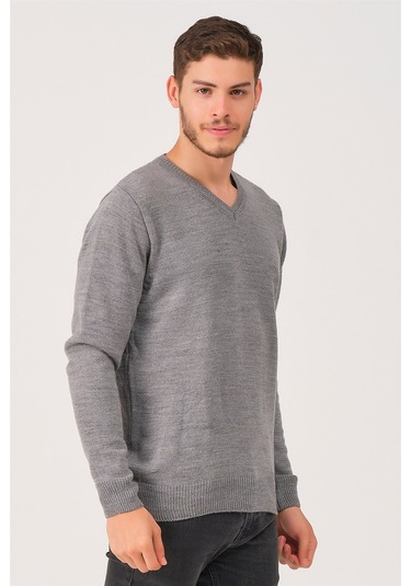 V0036 Dewberry Erkek V-neck Kazak-gri Gri