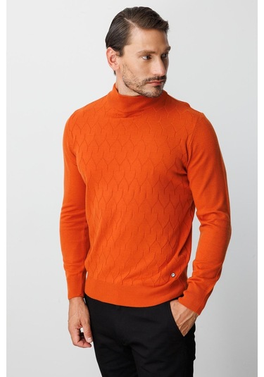Turuncu Standart Fit Dar Kalıp Yarım Balıkçı Düz Uzun Kollu Triko-10096 Turuncu