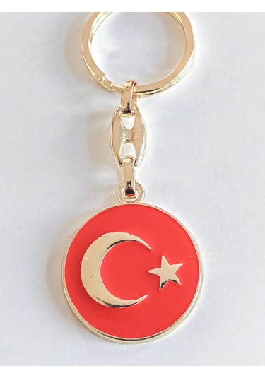 Moncuk Design Yuvarlak Kırmızı Zeminde Sarı Altın Renkli Ay Yıldız Figürlü Anahtarlık