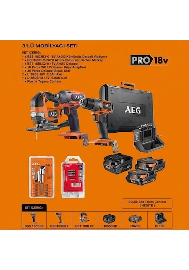 Aeg 18V Darbeli Matkap + Darbeli Vidalama + Dekupaj 3'lü Mobilyacı Montaj Seti-5