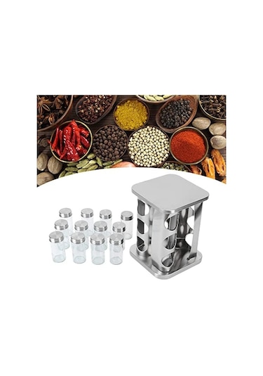 Döner Tezgah Üstü Baharatlık Rafı, 12 Adet Baharatlık Seti Gümüş