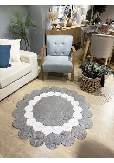 Mavaux Hasır Jüt Çiçek Desenli Kilim Halı Gri - Beyaz