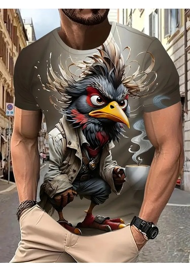 Snapbuy Komik Ördek Baskılı Erkek T-shirt - Rahat O-boyun Kısa Kollu Moda Tişört Bej