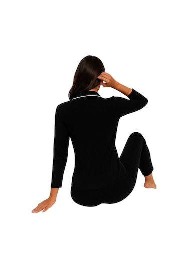 Siyah-beyaz Pamuklu Düğmeli Biyeli Kadın Pijama Takımı Siyah