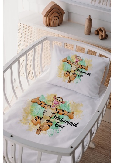 %100 Pamuk Saten Isme Özel Isimli Anne Yanı Beşik Nevresim Takımı Kaplan