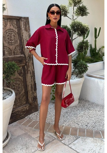 Kadın Mürdüm Keten Biye Detaylı Kısa Kollu Takım Mürdüm