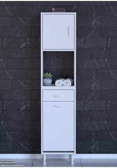 45x173x32,5 Cm 1 Çekmece, 1 Sepetli Göz Ve 3 Raflı Çok Amaçlı Akıllı Dolap Mutfak Dolabı Beyaz