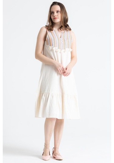 Kolsuz Şile Bezi Ilgaz Midi Boy Elbise Krem Krm-krem Krem