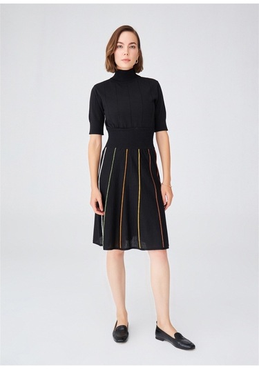 Peraluna Çizgili Yüksek Bel Bol Kesim Diz Altı Kadın Triko Etek S Siyah