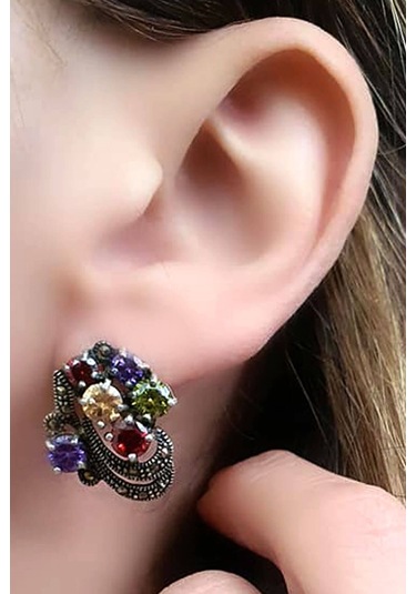 Renkli Zirkon Taşlı Markazit Taş Detaylı Gümüş Küpe