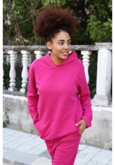 Akbeniz Kadın Pamuk Kapşonlu Cepli 3 İplik Fuşya Eşofman Takım 9037-fuşya Fuşya