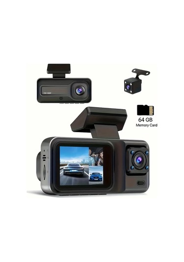 Xuweiwei 3 Channels 64gb Araç Dash Cam Ön Ve Arka Dahili Kamera Hd Gece Görüşü Döngü Kayıt Araç Dvr Siyah Kutu