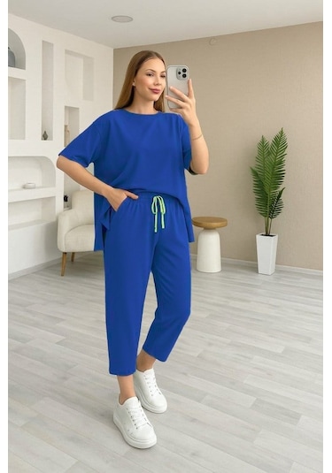 Kadın Kısa Kollu Bisiklet Yaka Viskon Iki Iplik Bluz Ve Pantolon Ikili Takım Lacivert