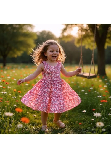 Çiçekli Kız Çocuk Elbise St09118 Pembe