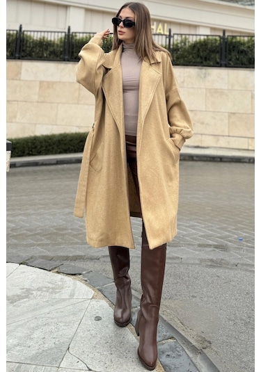 Kadın Vizon Balon Kol Beli Kemerli Midi Kaşe Kaban Astarsız Sütlü Kahverengi