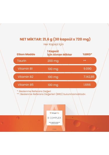 Wiserlife B Complex Taurin Takviye Edici Gıda 30 Kapsül