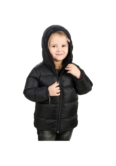 Kız Çocuk Siyah Içi Polarlı Kapüşonlu Su Geçirmez Rüzgara Dayanıklı Şişme Kışlık Mont & Kaban Siyah