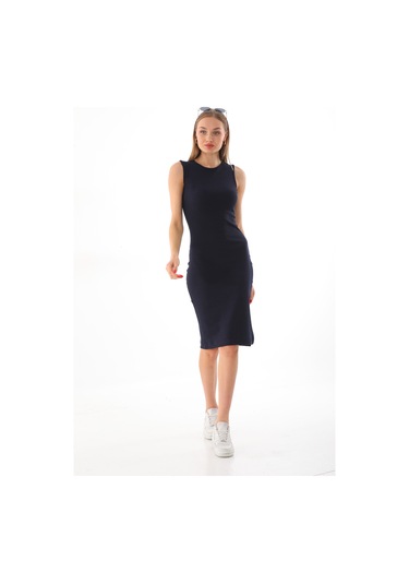 Lacivert Kolsuz Diz Altı Fitilli Esnek Kalem Elbise Lacivert