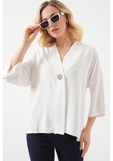 Bigdart Kadın Kısa Kol Oversize Kimono 5969 - Beyaz