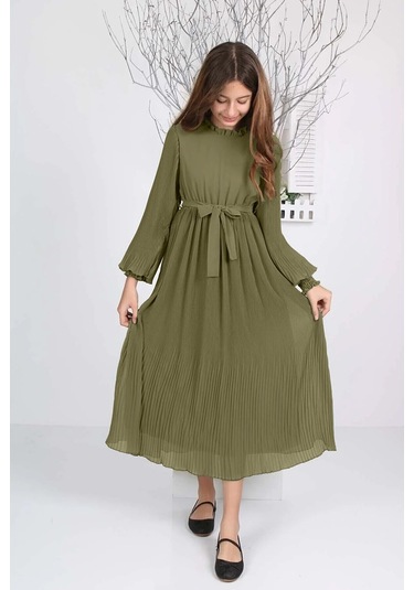 Kız Çocuk Uzun Boydan Pliseli Şifon Elbise Haki