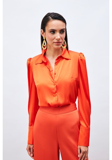 Sateen Vatkalı Saten Gömlek - Oranj