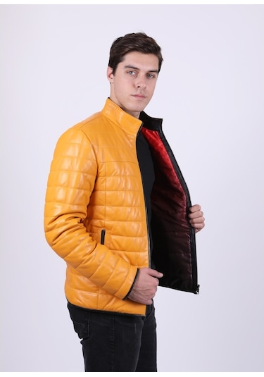 New Zaya Leather Erkek Şişme Sarı Deri Ceket Sarı