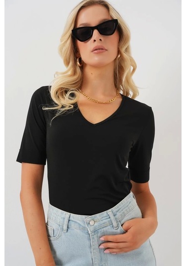 V Yaka Kısa Kol Basic Bluz 955 - Siyah Si Yah