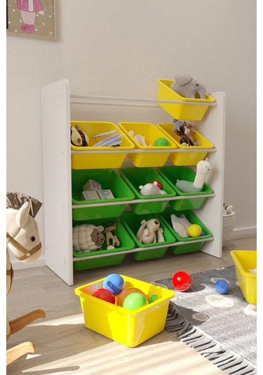 12 Sepetli Çok Amaçlı Oyuncak Dolabı Montessori Dolap Sarı-yeşil Sarı - Yeşil