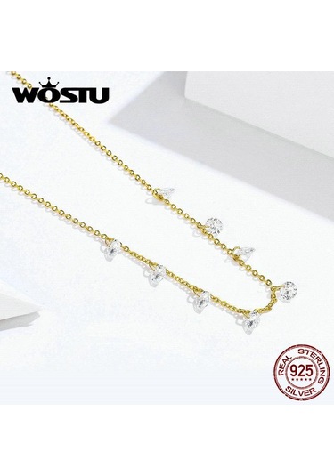 Wostu Otantik 925 Ayar Gümüş Küçük Zirkon Kolye Basit Tasarım Kolye Gümüş