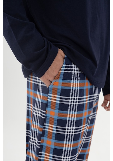 Erkek Pamuklu Uzun Kollu Ekose Desenli Pijama Takımı Ko60110 Turuncu