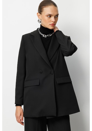Mizalle Oversize Siyah Kruvaze Blazer Ceket Siyah