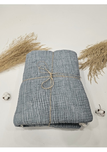 Mavi 4 Katlı Çift Taraflı Çift Kişilik Müslin Battaniye %100 Pamuk 230x240 Cm Mavi