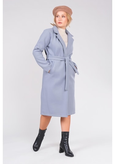 Giyim Dünyası Kadın Astarsız Kuşaklı Kaşe Kaban İndigo 001