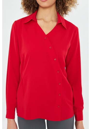 Asimetrik Pile Detay Gömlek Kırmızı Kırmızı