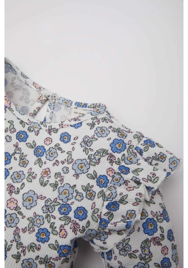 DeFacto Kız Bebek Çiçekli Uzun Kollu Waffle Elbise D9387A525SPER233 Ekru